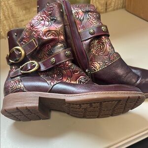 Brown and Pink Paisley Ankle Boots with Buckle Detail